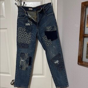 Pilcro Blue Patchwork Straight Leg Jeans